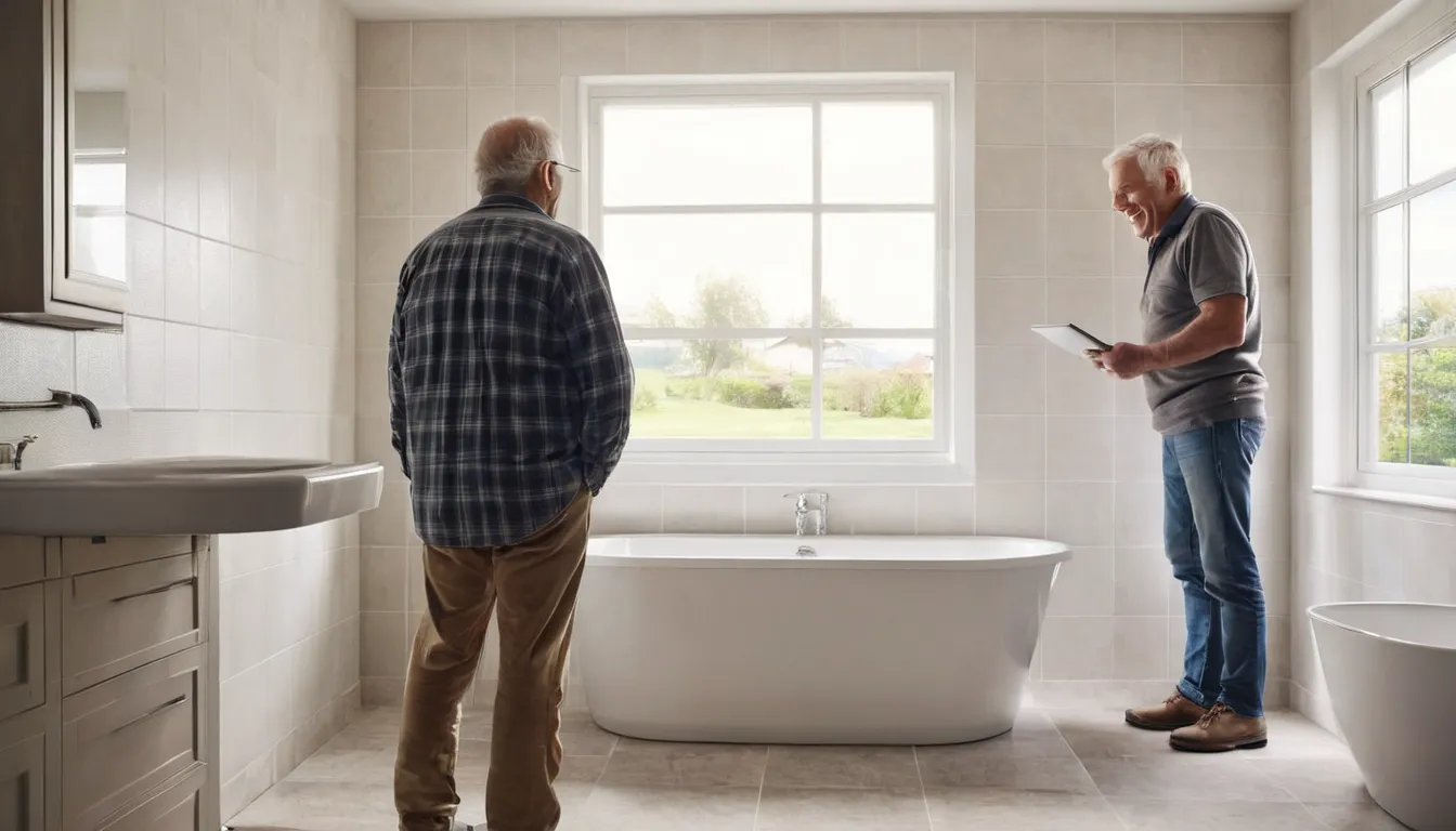 Independent provider measuring a bathroom for a tub-to-shower conversion in a Bernardsville home