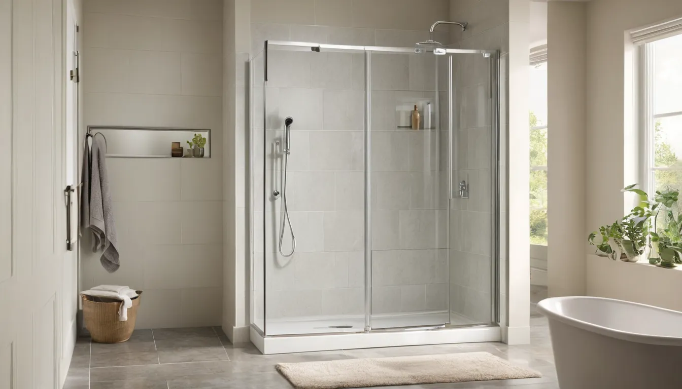 Homeowner stepping into a bright walk-in shower with a built-in seat in a Bernardsville home