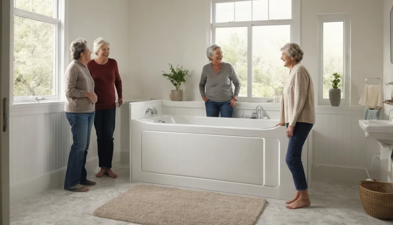 Friendly provider showing a walk-in tub to a homeowner in a bright Bernardsville bathroom